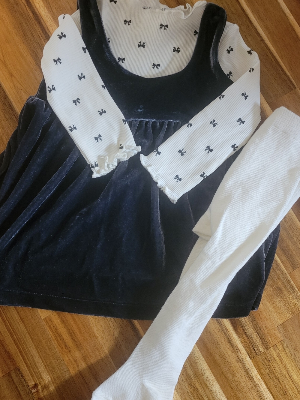 Carter's Black Velvet Dress Set with White Bow-Print Top and White Tights